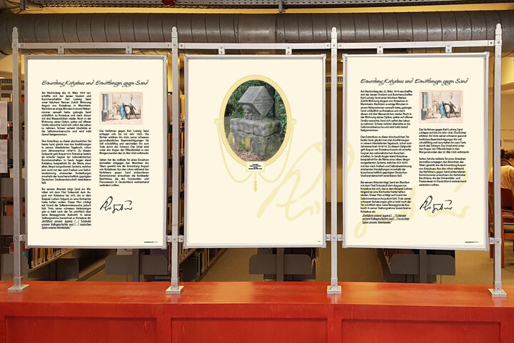 Drei Infotafeln der Ausstellung „'Lohn der Wahrheit'? August von Kotzebue und seine Ermordung vor 200 Jahren